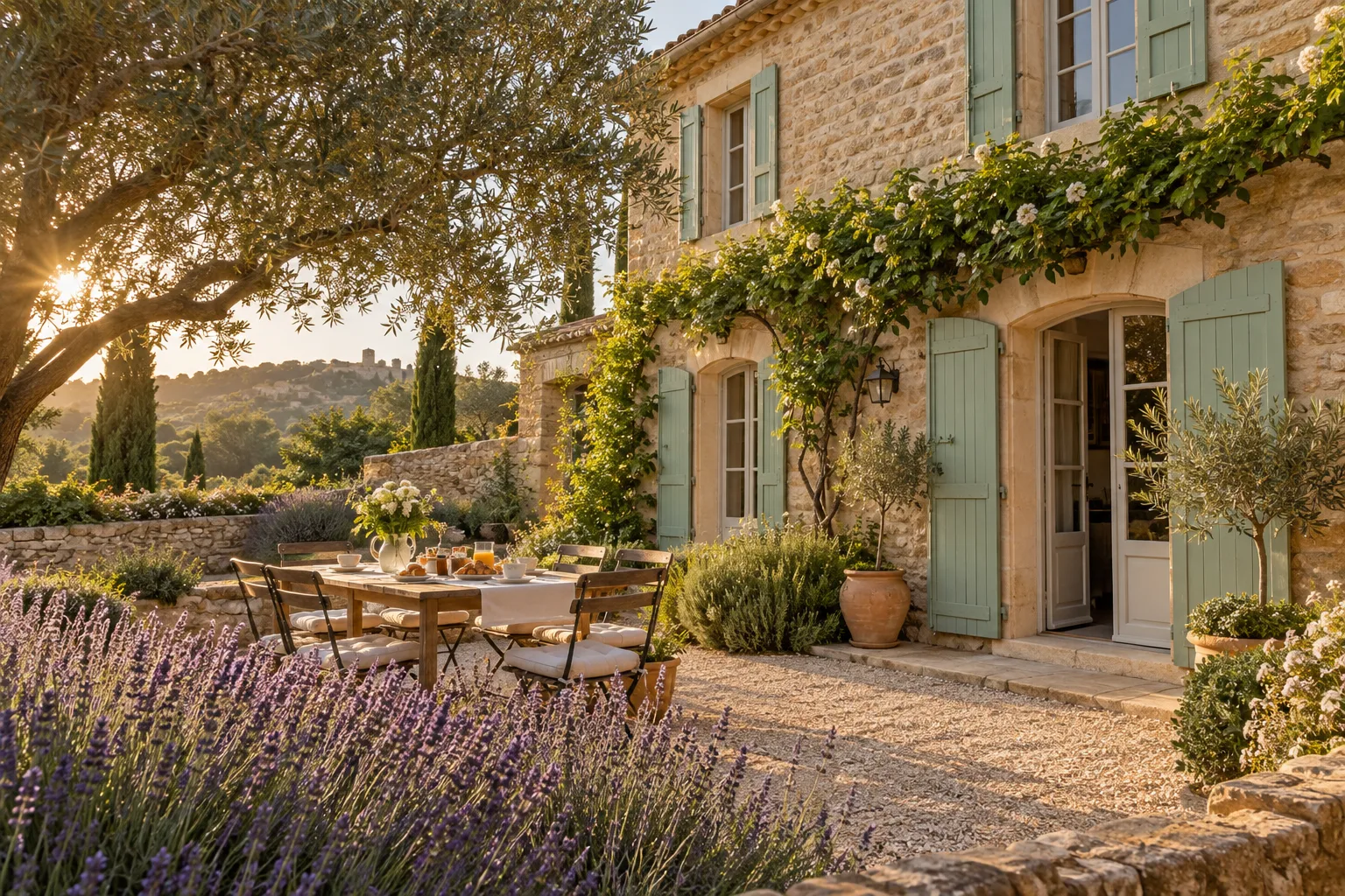 Illustrated Provençal guesthouse with stone walls, green shutters and a lavender courtyard
